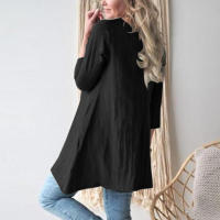Tops sueltos de manga corta con cuello redondo para mujer, bolsillo de algodón y lino, nuevo - details 4