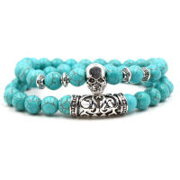 KMVEXO 2 unids/set Color plata Cabeza de Buda Lava esqueleto turquesas cuentas de piedra Natural para Mujeres Hombres pulsera conjunto brazaletes con dijes - details 0