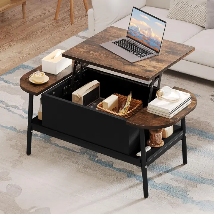 Mesa de Centro con Placa Elevadora Mesa de Sala Ajustable en Altura con Compartimento Oculto - 1
