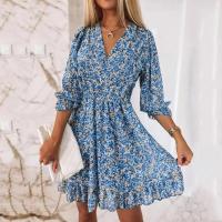 Vestido de flores fragmentadas de manga corta con estampado bohemio, jersey de cintura, longitud media, nuevo - details 23