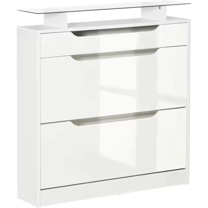 Mueble Zapatero de 2 Puertas Zapatero Estrecho para 16 Pares de Zapatos con Cajón Estante Abierto y Encimera de Vidrio para Pasillo Entrada 89x23x96 cm Blanco - 1