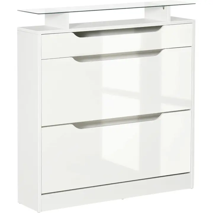 Mueble Zapatero de 2 Puertas Zapatero Estrecho para 16 Pares de Zapatos con Cajón Estante Abierto y Encimera de Vidrio para Pasillo Entrada 89x23x96 cm Blanco - 1