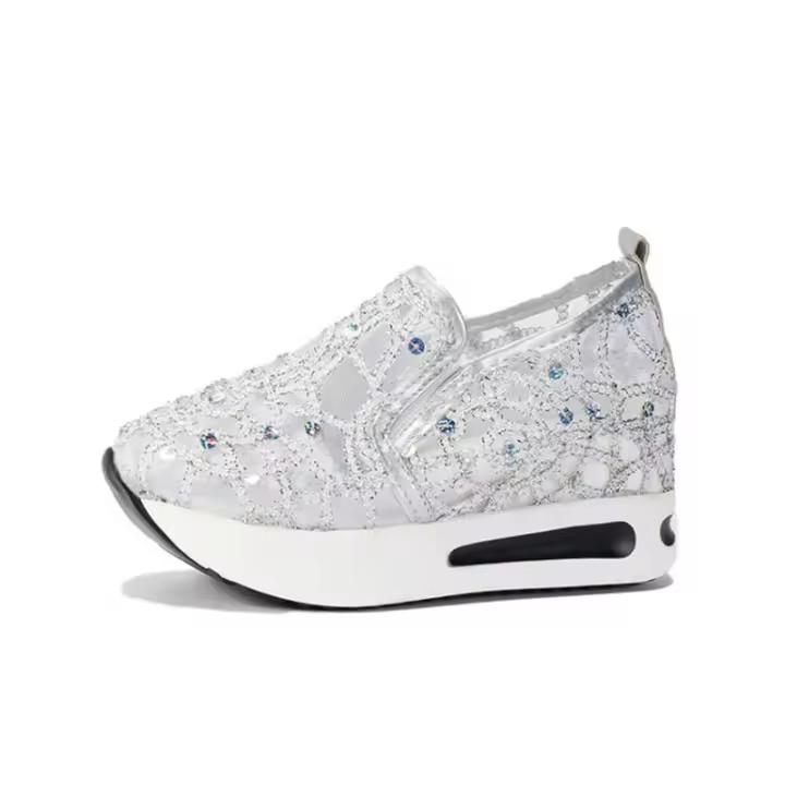 Zapatillas de deporte de malla con bordado Floral para mujer, zapatos de tacón cómodos informales sin cordones, novedad de 2023 - 1