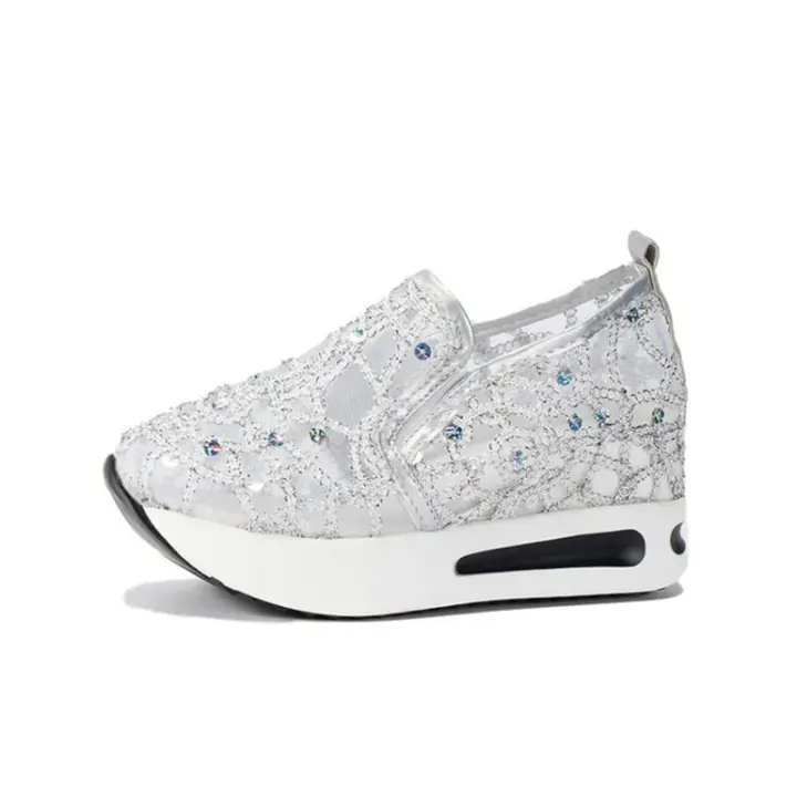 Zapatillas de deporte de malla con bordado Floral para mujer, zapatos de tacón cómodos informales sin cordones, novedad de 2023 - 1