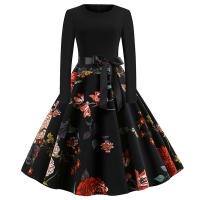 Women dot print party elegant vintage swing long sleeve dress - details 23