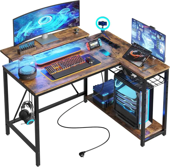 Forma de L con Tomas de Corriente y Luces LED, Escritorio Esquinero con Estantes, Reversible para Ordenador para el Hogar, Oficina, Dormitorio, Espacio Pequeño, 106,5 cm - 1