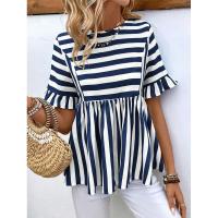 Nuevo Vestido camisero de verano para mujer, cuello redondo, manga con volantes, holgado, cómodo, a rayas - details 2