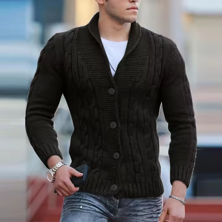 Cárdigan de punto jacquard para hombre Abrigo con cuello en capas para otoño e invierno - 1