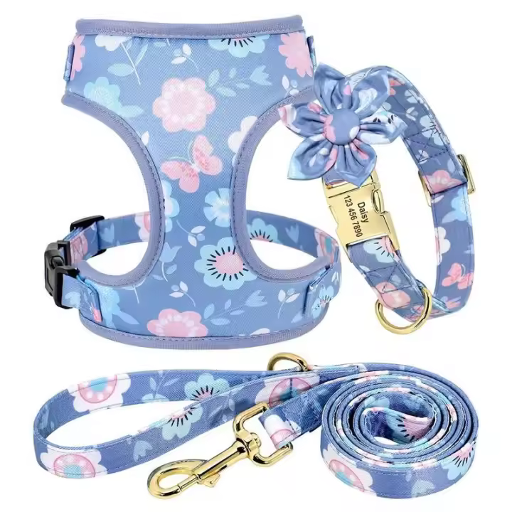 Collar personalizado perros pequeños y grandes, arnés transpirable con grabado Floral, bolsa para golosinas, 3 o 4 unidades - 1