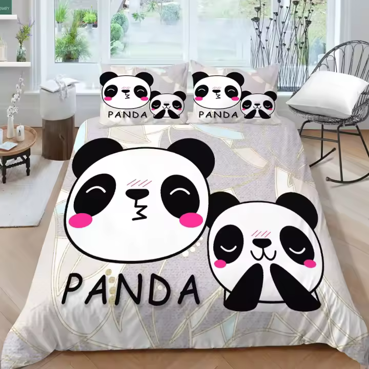 Juego de Ropa de Cama de Panda Dibujado Cubierta de Edredón de Poliéster Suave Amarillo - 1