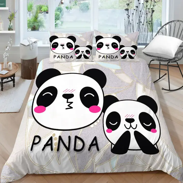 Juego de Ropa de Cama de Panda Dibujado Cubierta de Edredón de Poliéster Suave Amarillo - 1