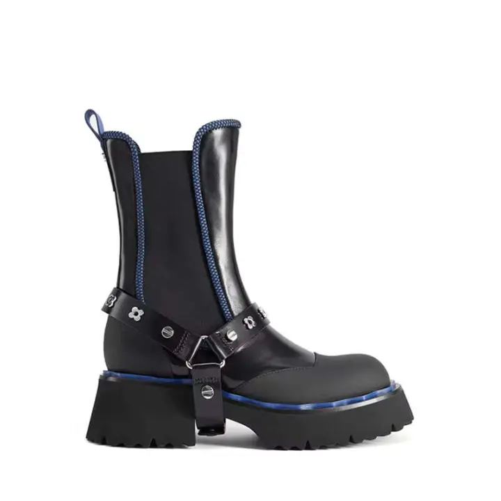 Botas occidentales de cuero negro gótico con logotipo para mujer, moda diaria, cremallera, punta cerrada, goma, uso en exteriores, invierno, 2024 - 1