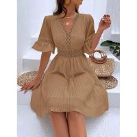Vestido de verano para mujer, nuevo estilo, con costuras, escote en V y cintura de color liso. - details 21
