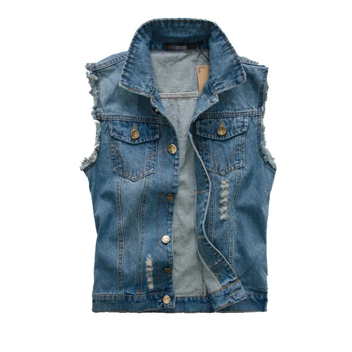 Chaquetas sin mangas de mezclilla de algodón rasgadas para hombre, parabrisas retro, ropa de otoño e invierno - 1