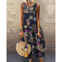 Vestido de Verano Floral Vestido Lanterna de Cuello Redondo de Lino y Algodón para Mujeres - details 5