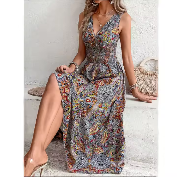 Vestido Boho Maxi sin Mangas de Verano 2024 Cintura Elástica, Estampado Elegante, Vestido Largo para Mujeres - 1