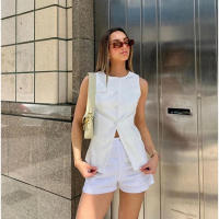 Conjunto de 2 piezas sin mangas para mujer, Top de una hilera de botones, pantalones cortos anchos de cintura alta - details 9