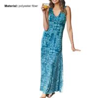 Vestido femenino informal de playa holgado con dobladillo ancho y cuello en V sin mangas estilo bohemio Vintage con estampado geométrico para mujer - details 10