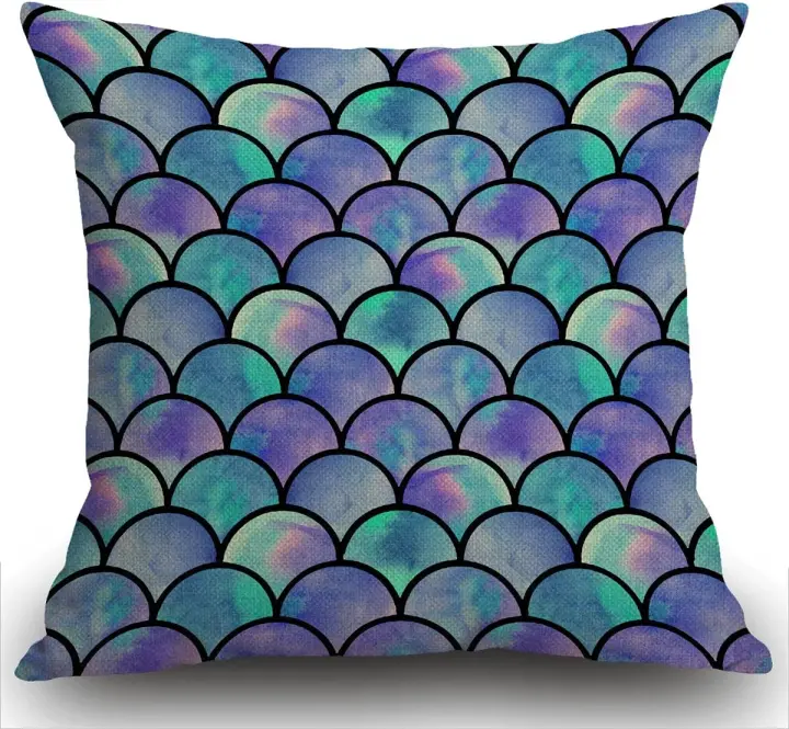Fundas de Almohada de Algodón y Lino con Diseño de Escamas de Sirena, Arcoíris y Acuarela - 1