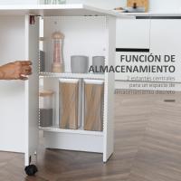 Mesa de Comedor Plegable Mesa de Madera con 2 Solapas 2 Estantes de Almacenaje y Ruedas para Cocina 75x140x74 cm Blanco - details 4
