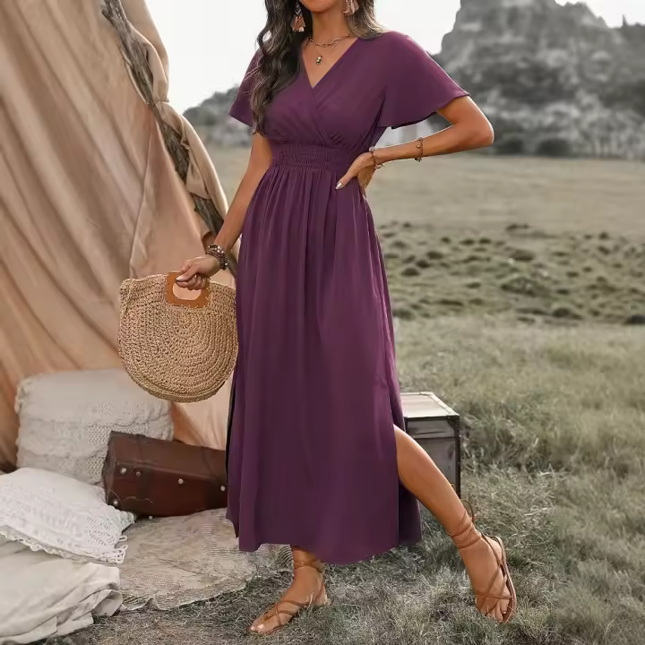 Vestidos de Mujer de Moda de Verano 2025 Largos, Abierto Lateral, Cintura Cortada, Manga Corta, Cuello en V, Línea A - 1