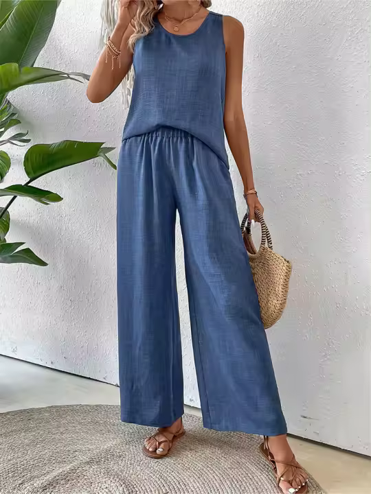 Chaleco informal de dos piezas con encaje calado de Color sólido para primavera y verano para mujer, pantalones largos de pierna ancha - 1