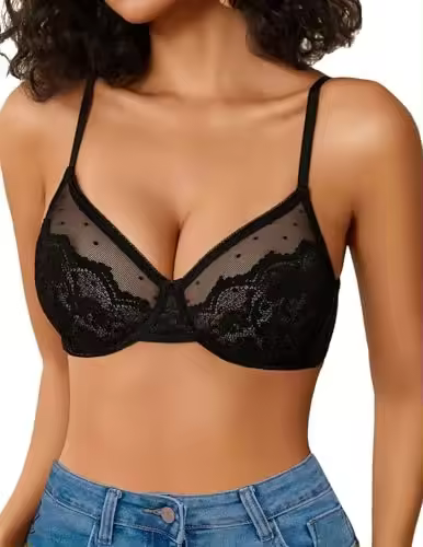 Sujetador diario sin forro con anillo de acero y boca plana transparente de encaje para mujer S-XXL - 1