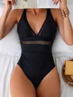 Bañador ajustado de una pieza para mujer, traje de baño adelgazante de Color sólido, alta elasticidad, ropa de vacaciones en la playa - details 5