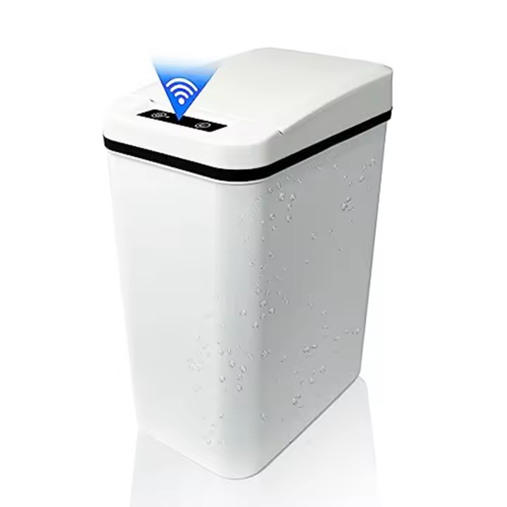 Cubo de basura automático sin contacto para baño con tapa, plástico delgado y estrecho, Sensor de movimiento inteligente, cubierto, blanco - 1