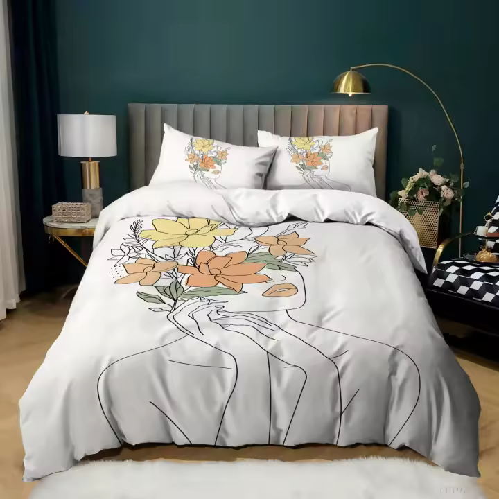 Juego de Cubierta de Edredón de Poliéster Diseño de Pato de Reina con Rosas - 1