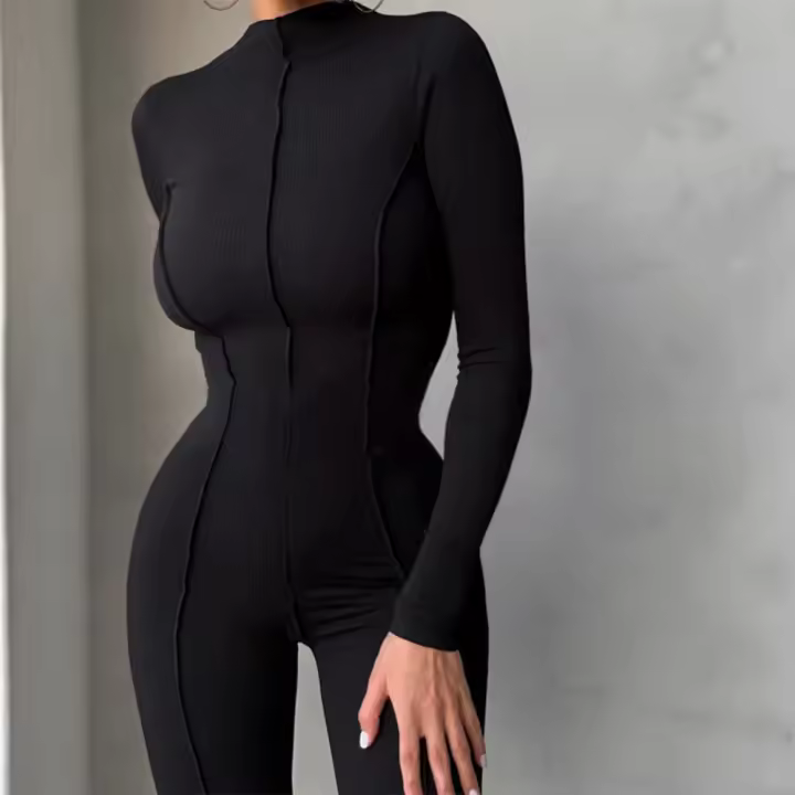 Mono Deportivo De Moda Para Mujer De Cuello Alto Y Cintura Alta Color Sólido, Estilo Otoño-Invierno - 1