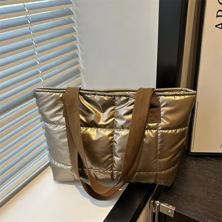 Moda señoras Tote bolsos de gran capacidad de algodón acolchado bolsa de compras rombo bolso portátil acolchado sólido para viajes de ocio - 1