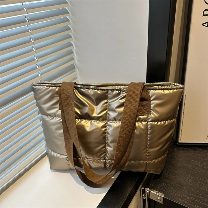 Moda señoras Tote bolsos de gran capacidad de algodón acolchado bolsa de compras rombo bolso portátil acolchado sólido para viajes de ocio - 1