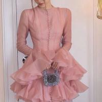Vestido Mini de Cintura Alta con Mangas Afloradas Estilo Elegante de Una sola Brecha para Mujeres - details 7