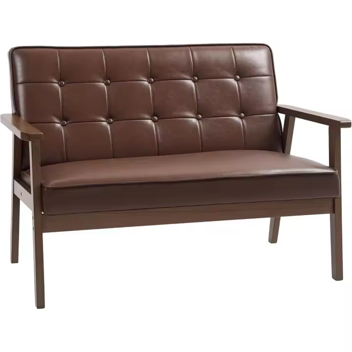Sofá de 2 Plazas con Tapiz de PU Resaltes de Madera Carga de 250kg Ideal para Sala de Estar Dormitorio Marrón - 1