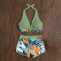 Bikini abierto con estampado de hojas retro en talla grande, conjunto de traje de baño de dos piezas con correas estables para mujer - details 86