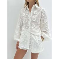 Conjunto de Algodón Blanco para Mujer de 2 Piezas Conjunto Informal de Jacquard con Botones y Manga en la Muñeca Camisas y Pantalones Cortos de Cintura Alta para el Verano - details 0