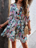 Vestido de primavera y verano para mujer, Media manga, estampado de flores, elegante cuello en V, informal, línea A, hasta la rodilla, cintura alta - details 23