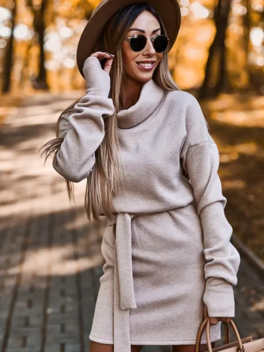 Vestido nuevo de otoño e invierno 2025 para mujer con cuello alto y cinturón de manga larga de moda femenina. - 1