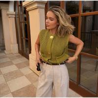 Chaleco de punto con cuello redondo para mujer, cárdigan elegante sin mangas con bolsillo y botones, color verde, moda de otoño - details 7