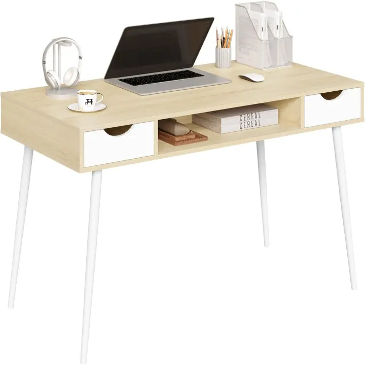 Mesa Moderna de Acero y Madera Ecológica 120x60cm, 2 Cajones, Diseño Nórdico para Dormitorio, Oficina, Estudio - 1