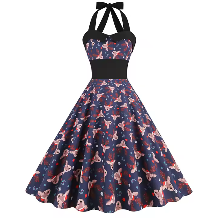Vestido colgante con cuello y estampado de alces para fiesta de Navidad, ropa de mujer - 1