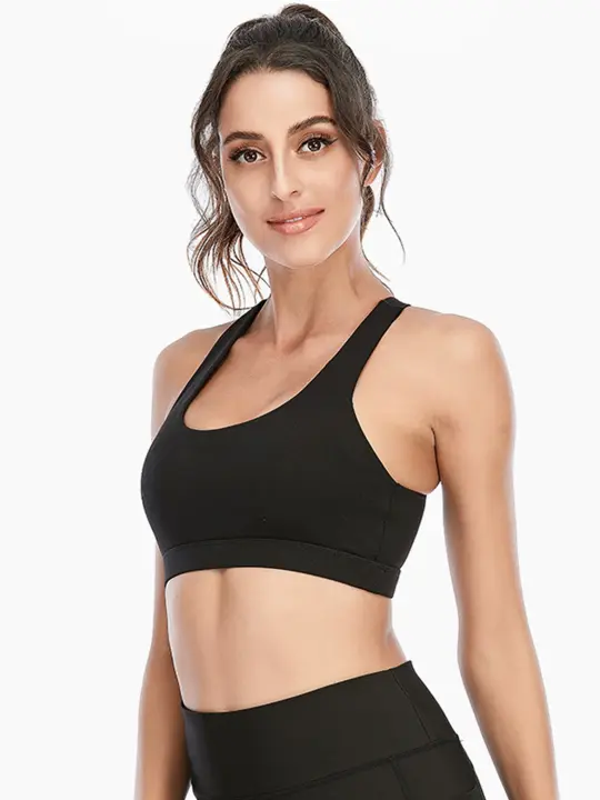 Tops cortos cruzados para mujer, camisa deportiva de Yoga de manga corta negra - 1
