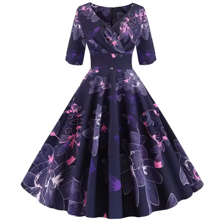 Vestido de fiesta vintage elegante informal de media manga con estampado floral para mujer - 1
