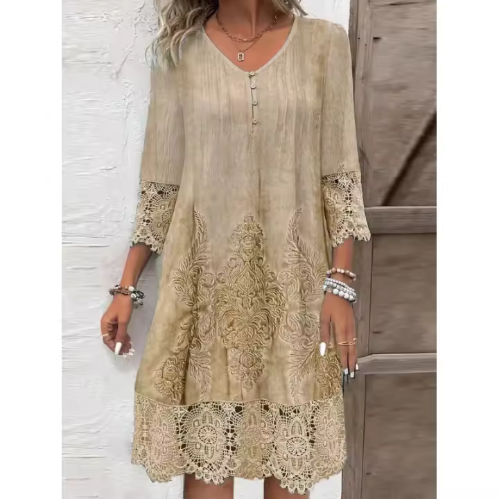 2024 nuevas mujeres Primavera Verano Color sólido Sexy hueco moda encaje impreso Casual cinco mangas hasta la rodilla vestido - 1