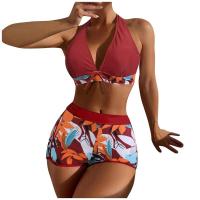 Bikini abierto con estampado de hojas retro en talla grande, conjunto de traje de baño de dos piezas con correas estables para mujer - details 2