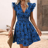 Vestido corto informal con estampado Floral para mujer, minivestido de calle con manga con volantes, color azul S - details 6