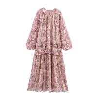 PB & ZA 2025, vestido holgado de manga larga con decoración en capas estampada con cuello en V, falda larga, novedad de verano, ropa para mujer - details 2