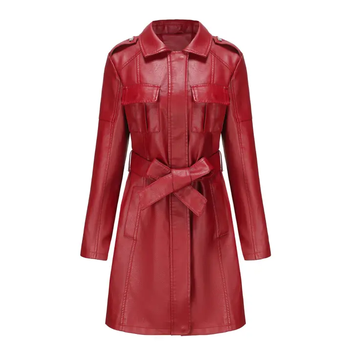 Gabardina cortavientos de piel sintética para mujer, chaquetas con cinturón, abrigo largo medio - 1