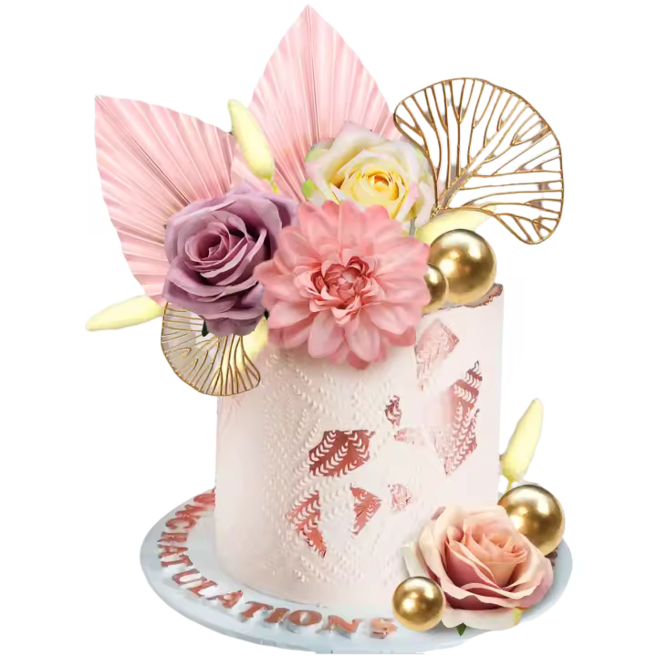 Adorno para tarta bohemio, adorno para tarta con flores, hojas de palma rosa, decoraciones para tartas con hojas de ginkgo de rosas artificiales y bolas para bodas, baby shower, cumpleaños, suministros para fiestas temáticas de flores bohemias (rosa) - 1